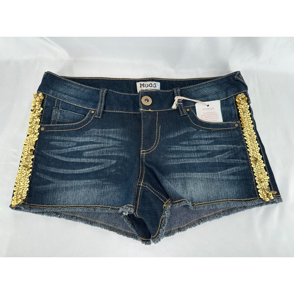 Mudd Denim Shorts Women 7 Blue Gold Sequin Trim Raw Hem Cut Off DJBM31234